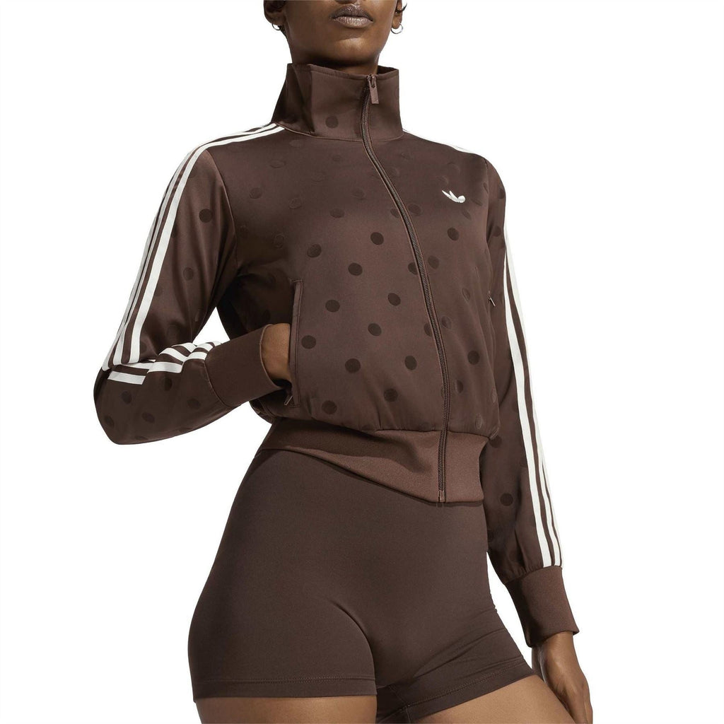 adidas Originals polka dot track top, brown zip-front jacket with striped sleeves