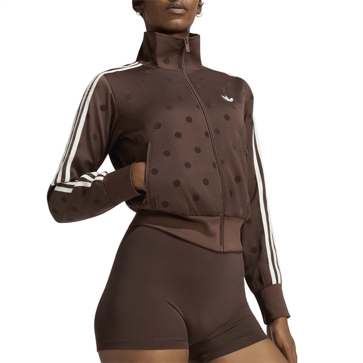 adidas Originals polka dot track top, brown zip-front jacket with striped sleeves
