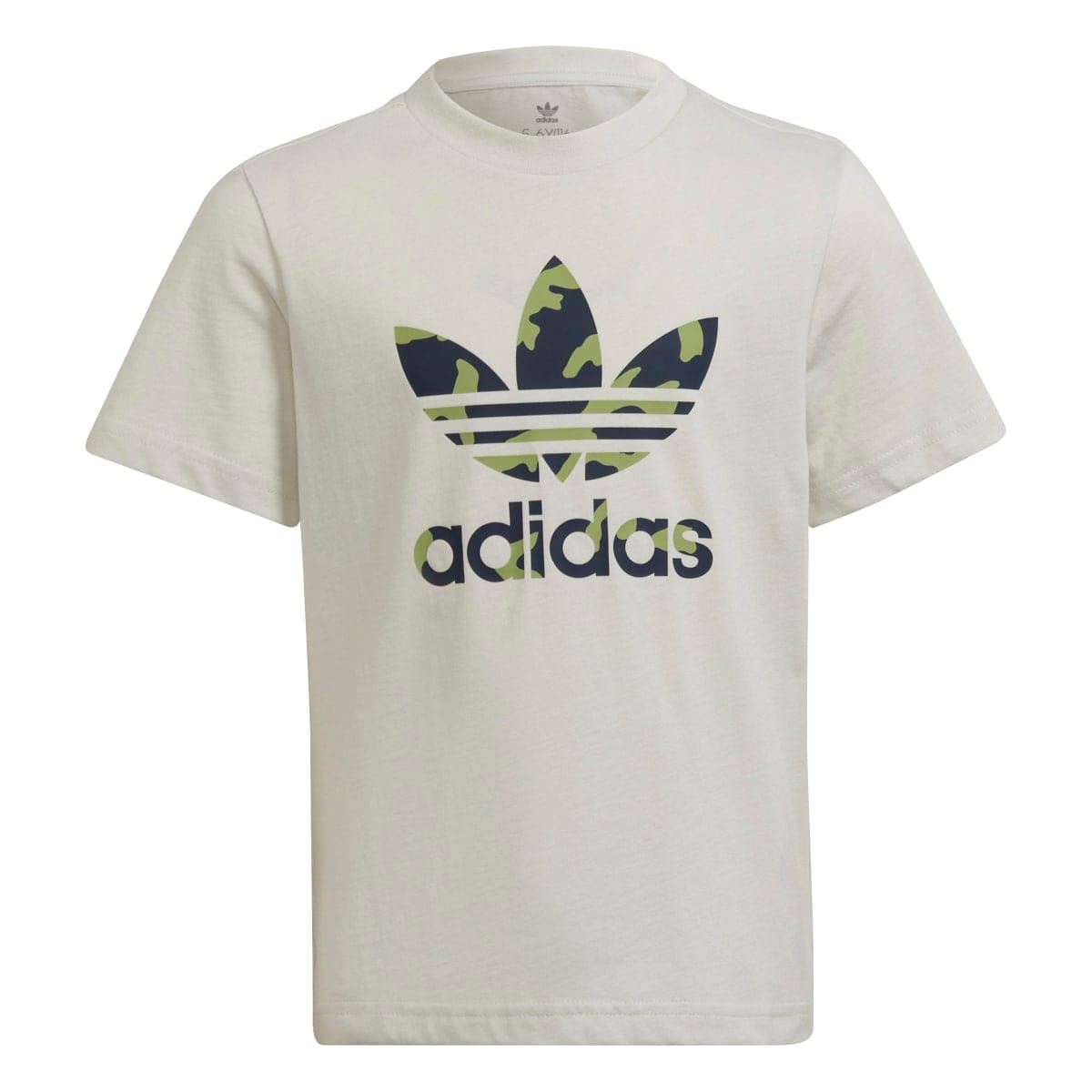 Cream junior crew-neck T-shirt with camo adidas graphic print on the front