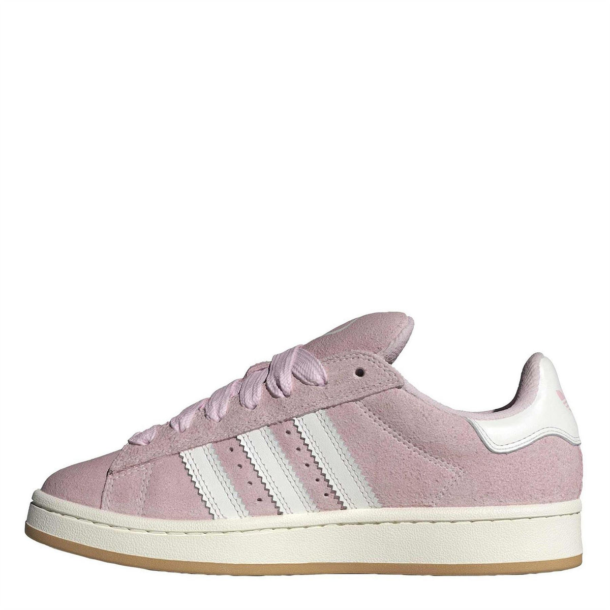 Pink suede low-top trainers, side view with three white stripes and beige sole