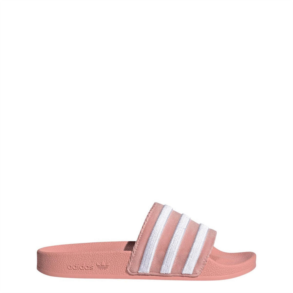 Mauve adidas Adilette slide sandals, single wide strap with three-bar stripe detail
