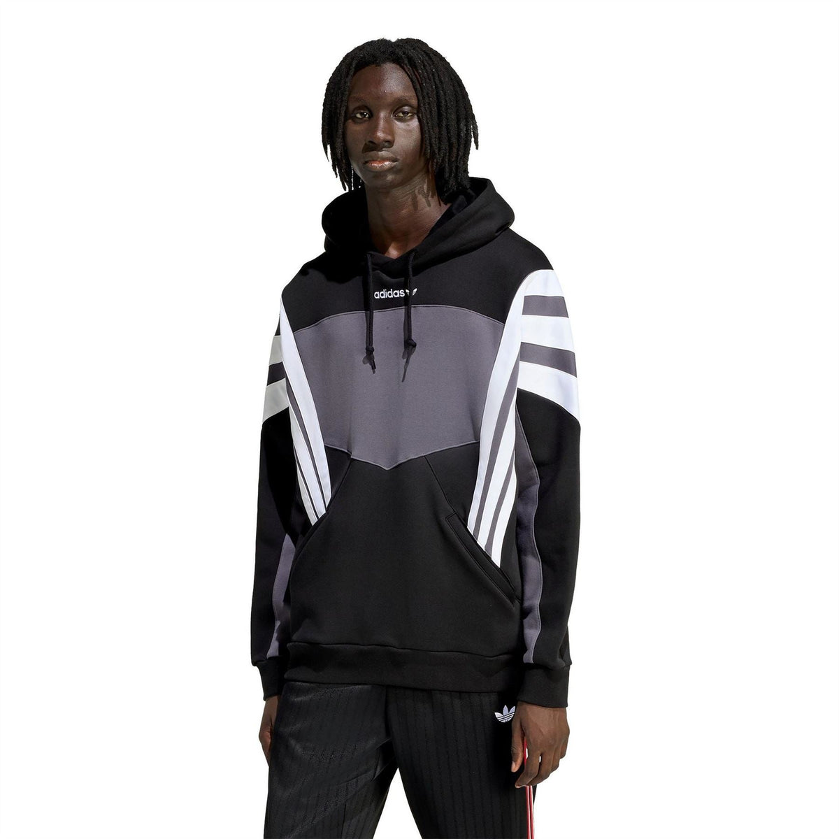 Black hoodie with grey center panel and white striped sleeves, drawstring hood, front pocket