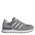Grey suede-look lace-up sneaker with three white stripes and cushioned sole