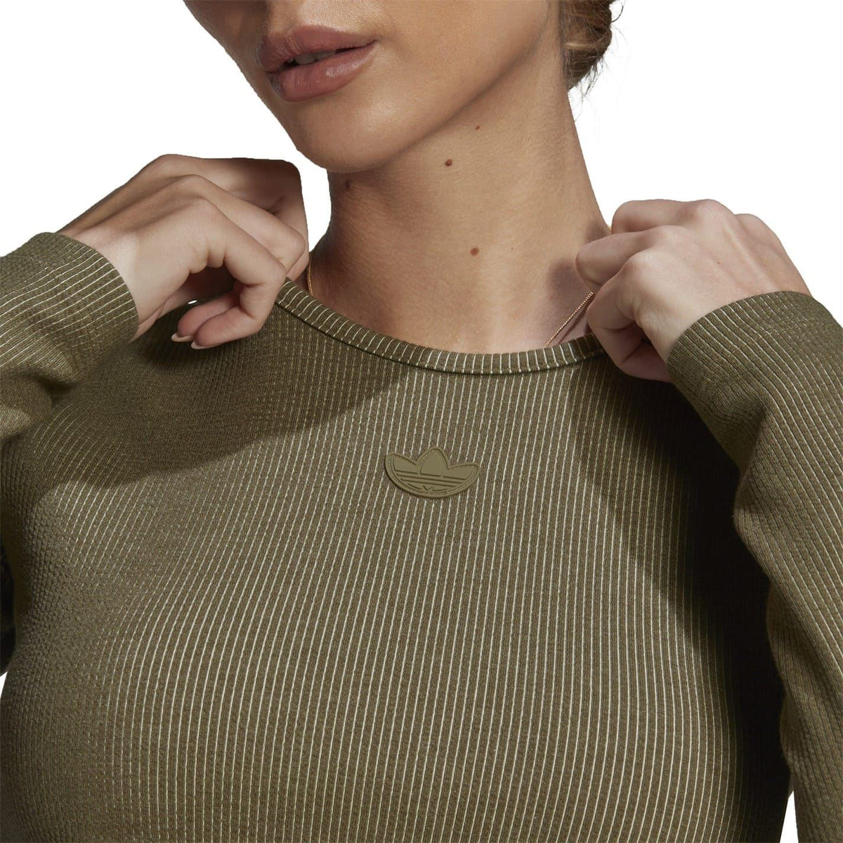 Olive ribbed crew-neck sweater with small adidas logo at center chest