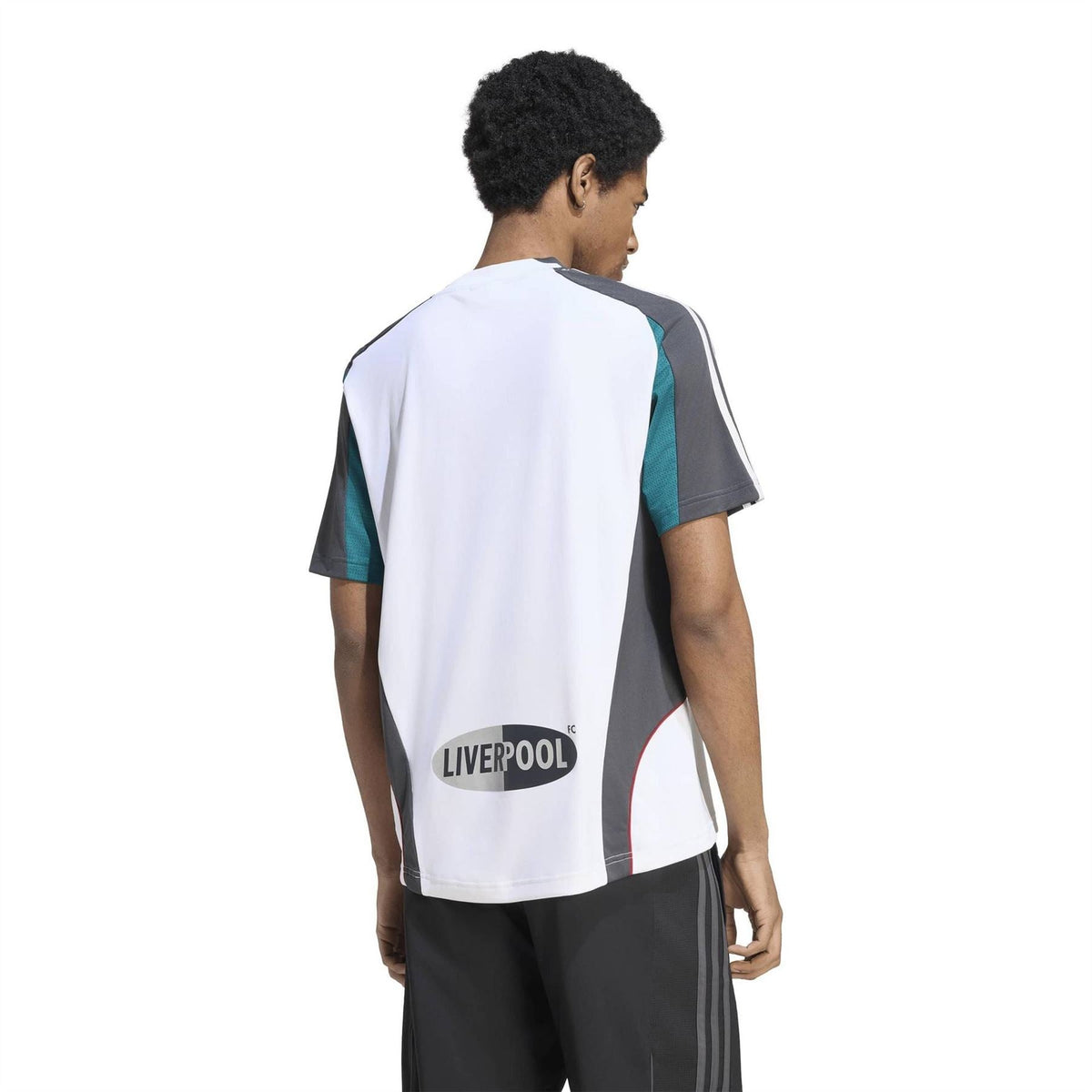 Liverpool FC jersey back: white panel with LIVERPOOL text, teal and dark gray sides