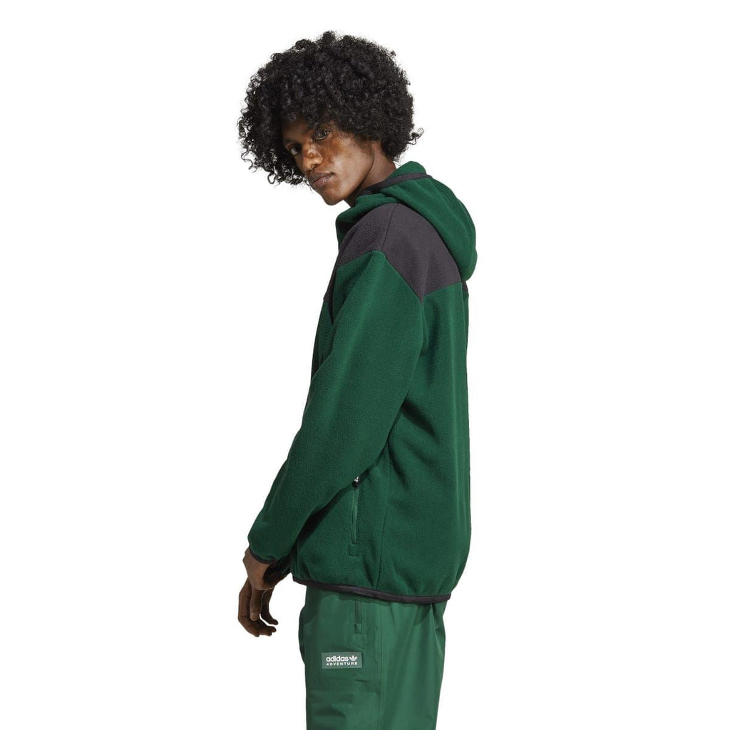 adidas zip-up polar fleece hoodie, green with charcoal paneling and ribbed cuffs