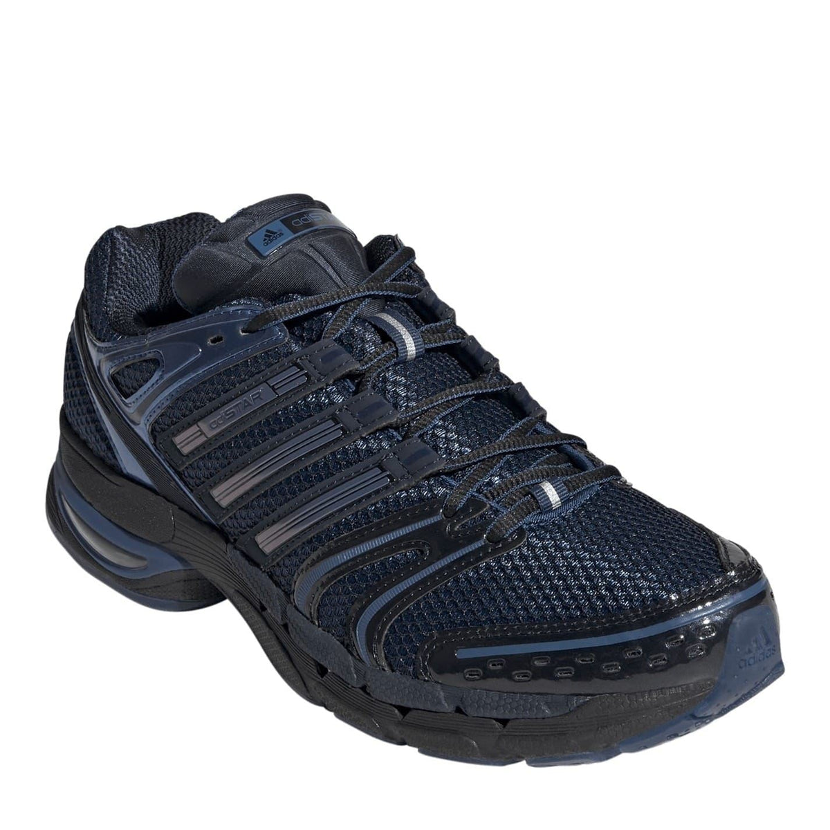 Dark blue adidas Originals lace-up sneakers, front 3/4 view with silver overlay detailing