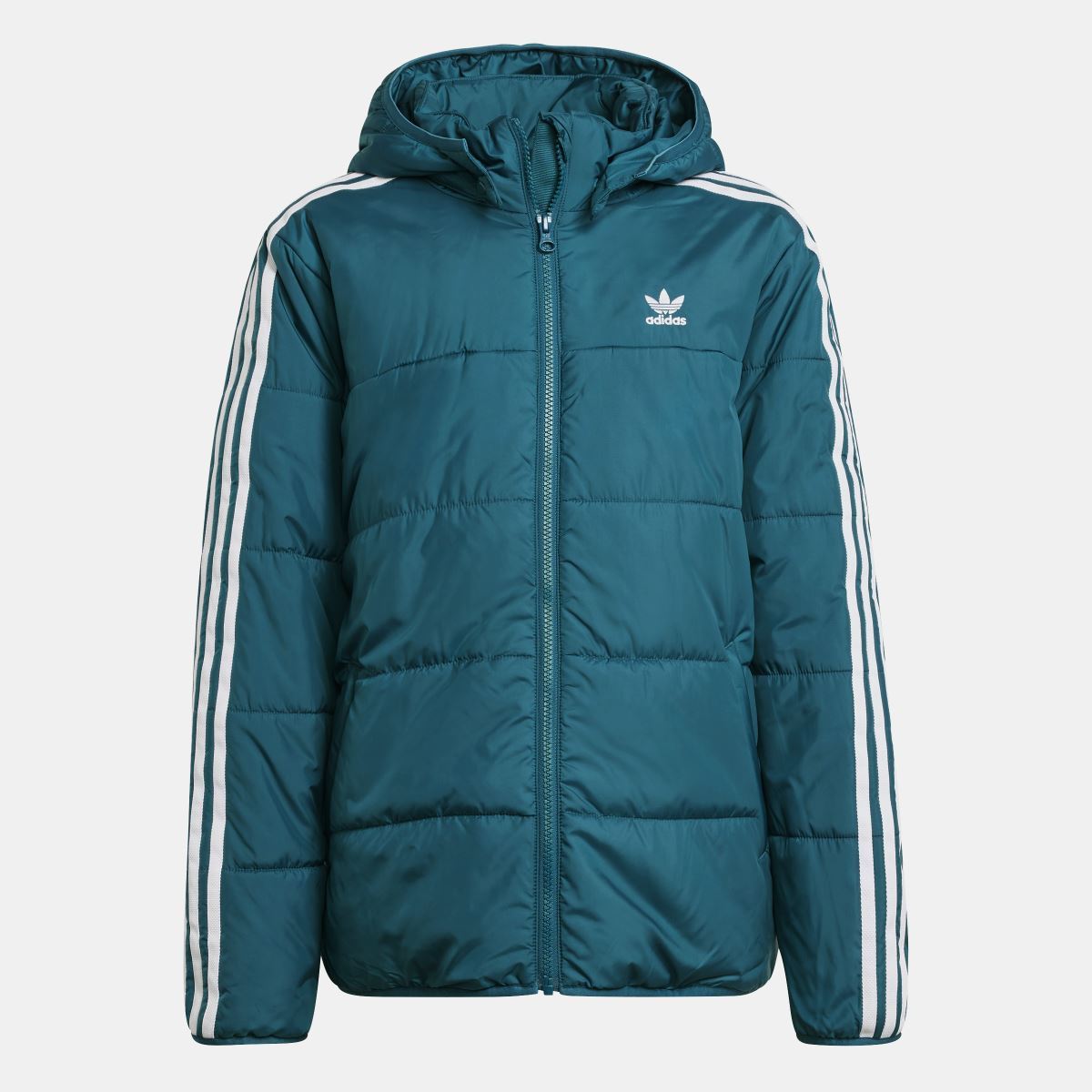 Kids adidas padded hooded jacket in teal with full zip and white side stripes