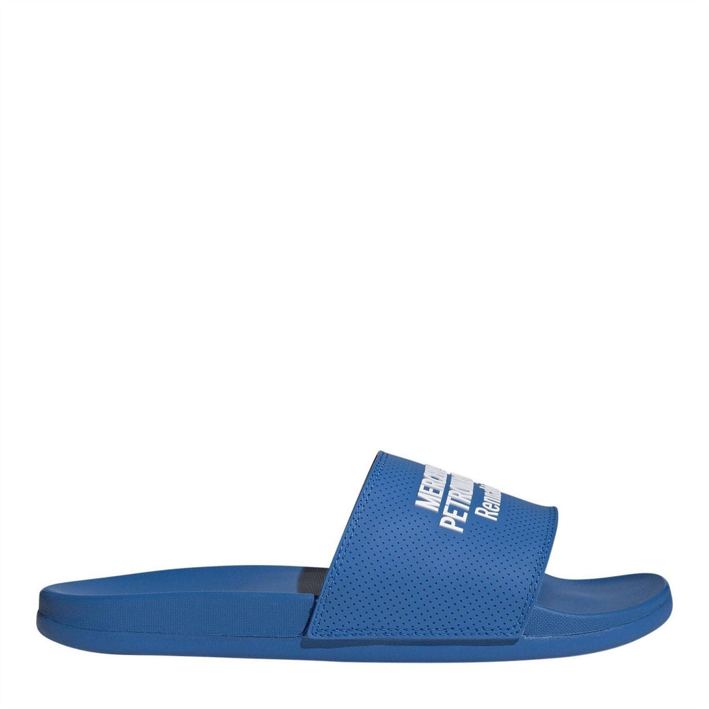 Blue slide sandal with perforated single strap and adidas logo on strap