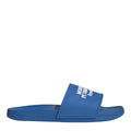 Blue slide sandal with perforated single strap and adidas logo on strap