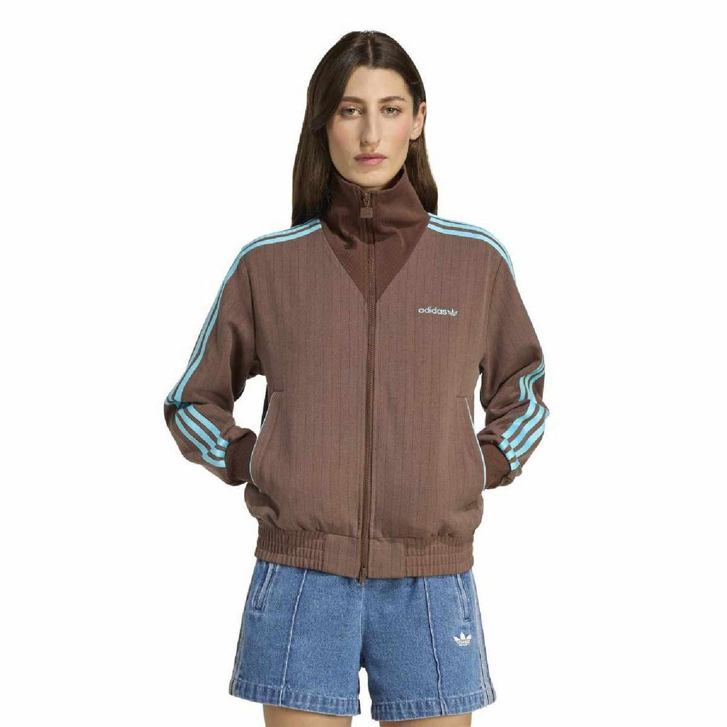 adidas Originals auburn high-neck zip sweatshirt with blue-striped sleeves and ribbed hem