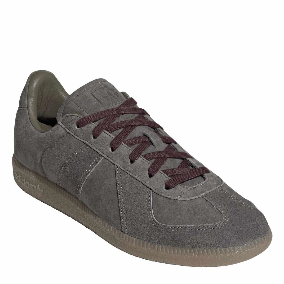 Charcoal gray suede-look sneakers with burgundy lace-up and gum outsole