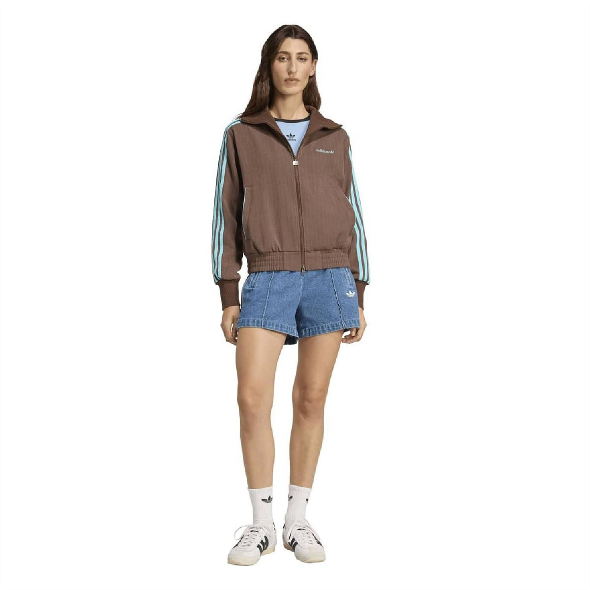 adidas Originals auburn zip-up high-neck sweatshirt with blue triple stripes on sleeves