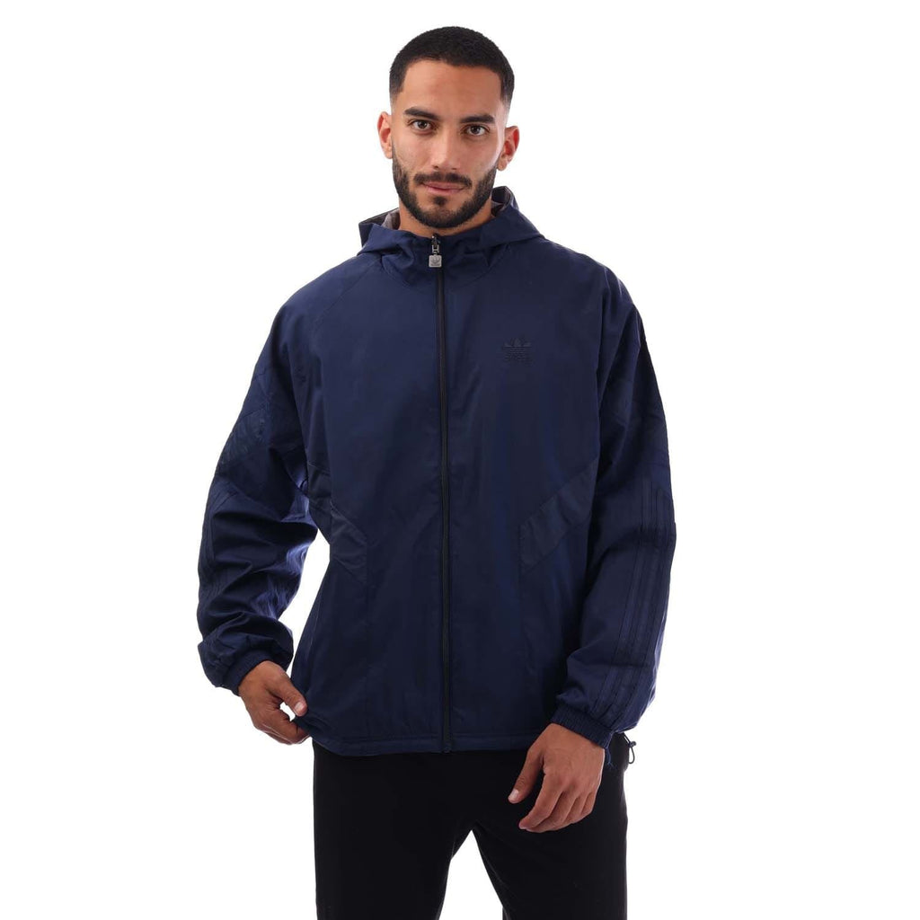 Navy reversible windbreaker jacket with full zip and hood, elastic cuffs