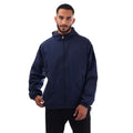 Navy reversible windbreaker jacket with full zip and hood, elastic cuffs