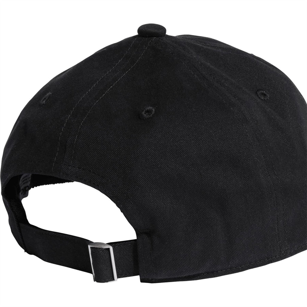 Black dad baseball cap back view with adjustable strap and stitched panels
