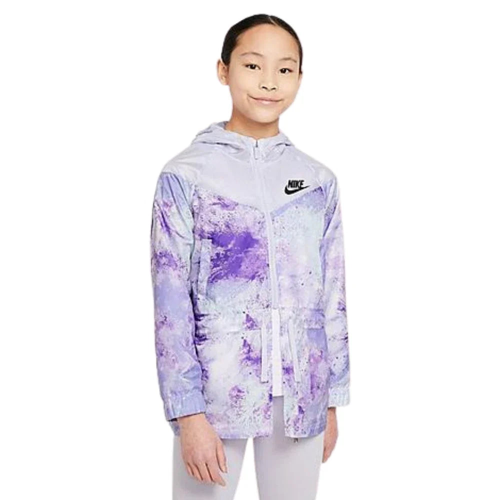 Girls Nike Windrunner Jacket Purple Chalk Tie-Dye Hooded Full Zip RED540