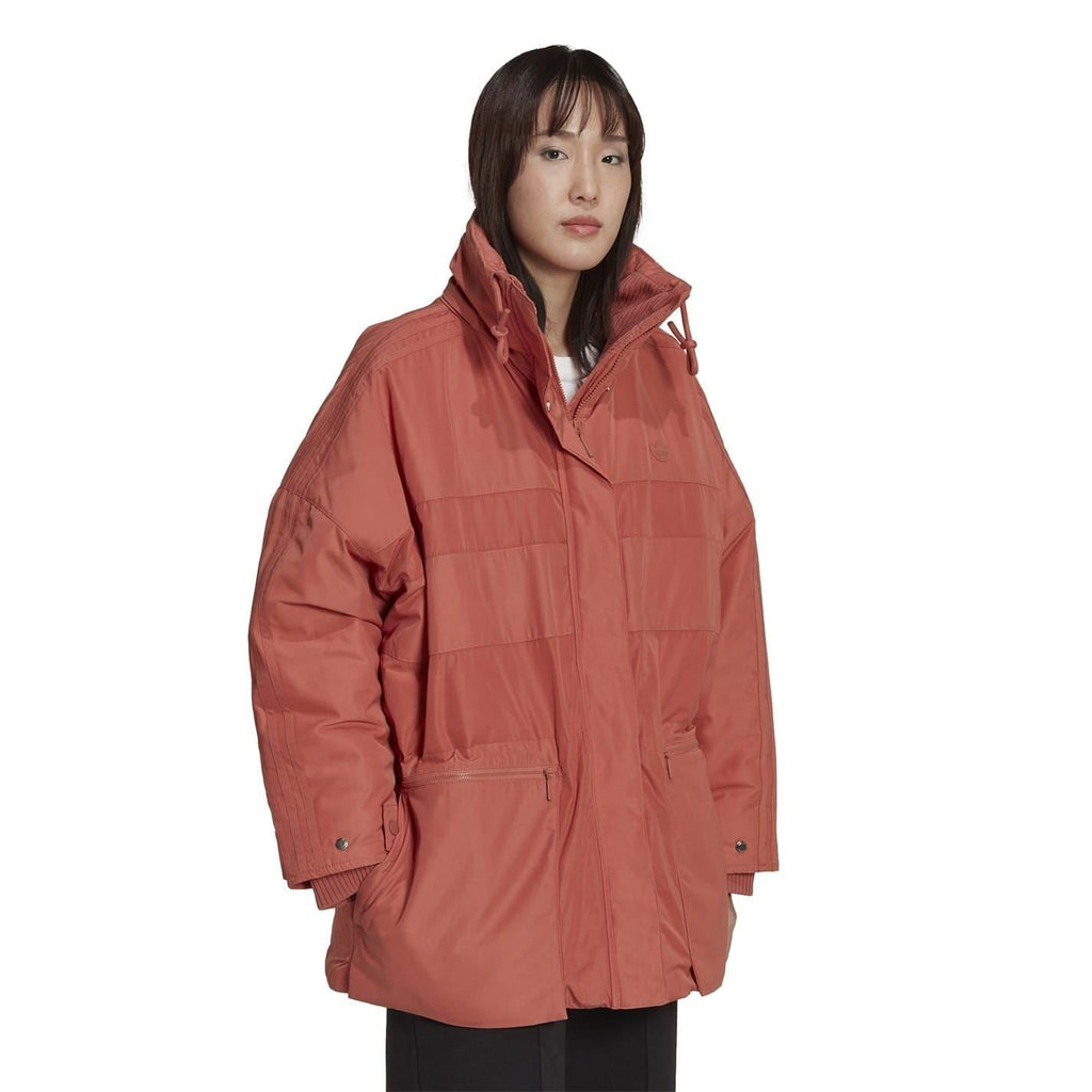 Burgundy hooded parka with front zip, flap pockets, and ribbed cuffs.