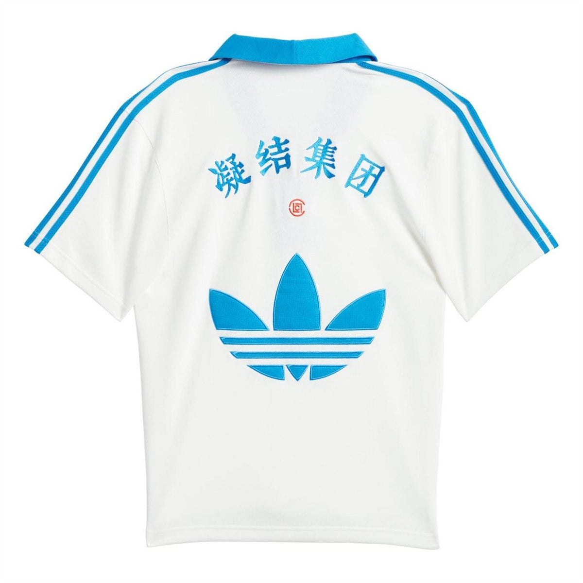 White polo with blue back characters, large blue trefoil logo, and blue side stripes