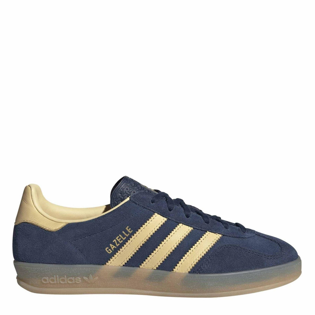 Navy suede adidas Gazelle sneakers with cream three-stripe side and gold heel tab