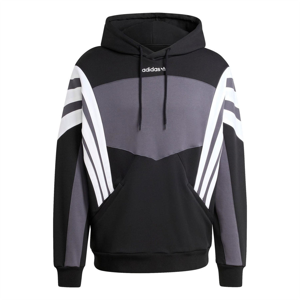 Black hoodie with grey chest panel, white sleeve stripes, drawstring hood, kangaroo pocket