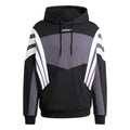 Black hoodie with grey chest panel, white sleeve stripes, drawstring hood, kangaroo pocket