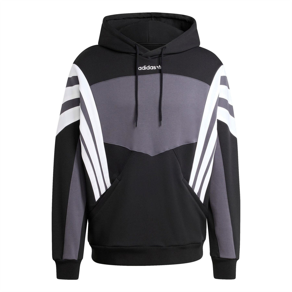Black hoodie with grey chest panel, white sleeve stripes, drawstring hood, kangaroo pocket