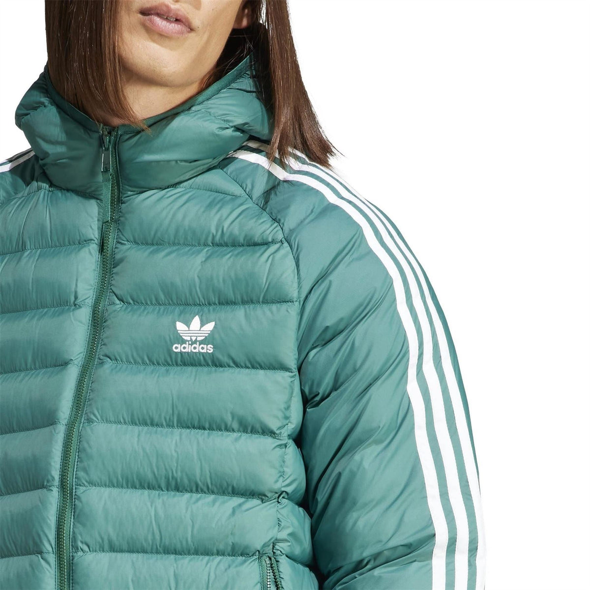 Teal adidas puffer jacket with hood, full-zip front, and small chest logo