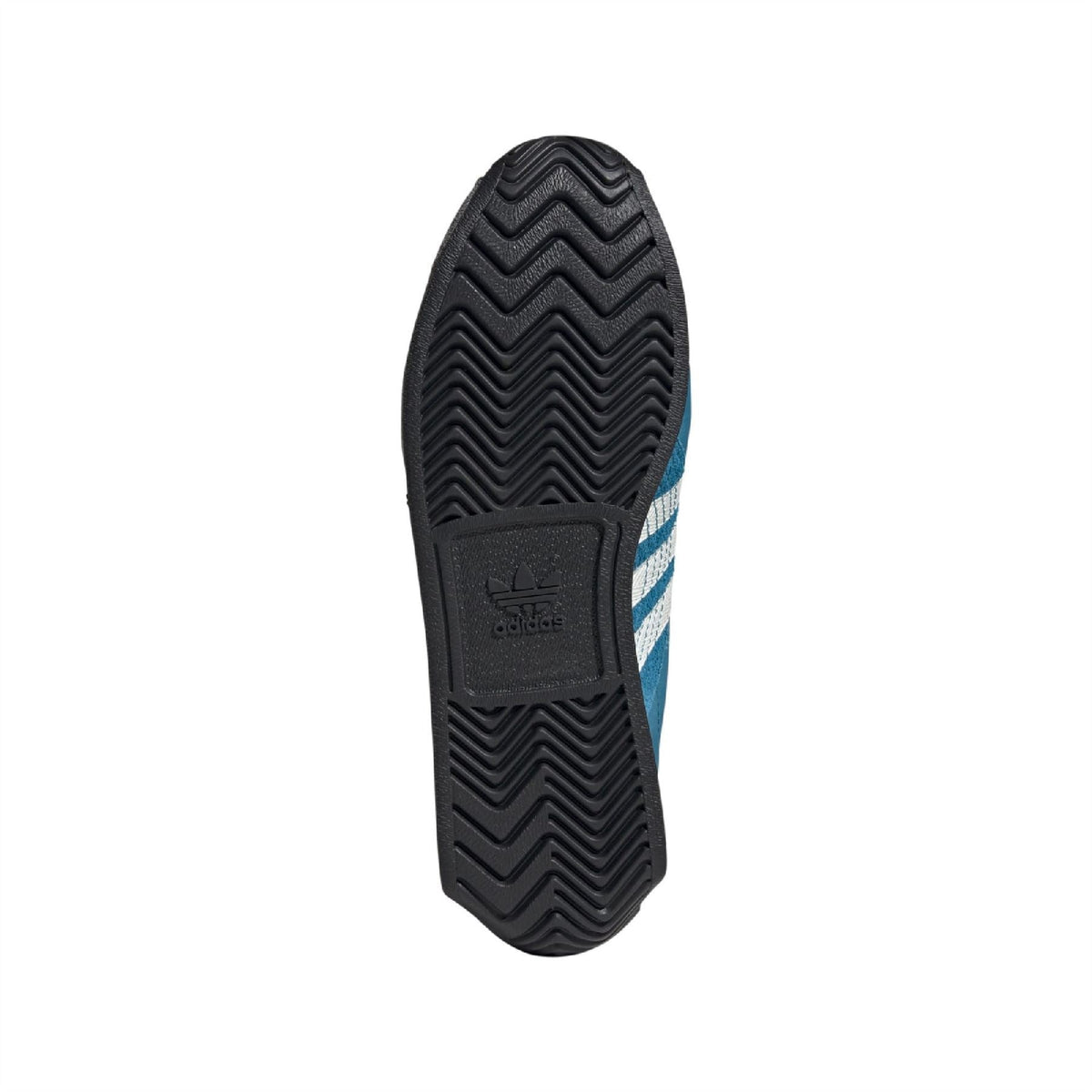Rubber outsole for teal trainers, textured zigzag tread with adidas logo mark