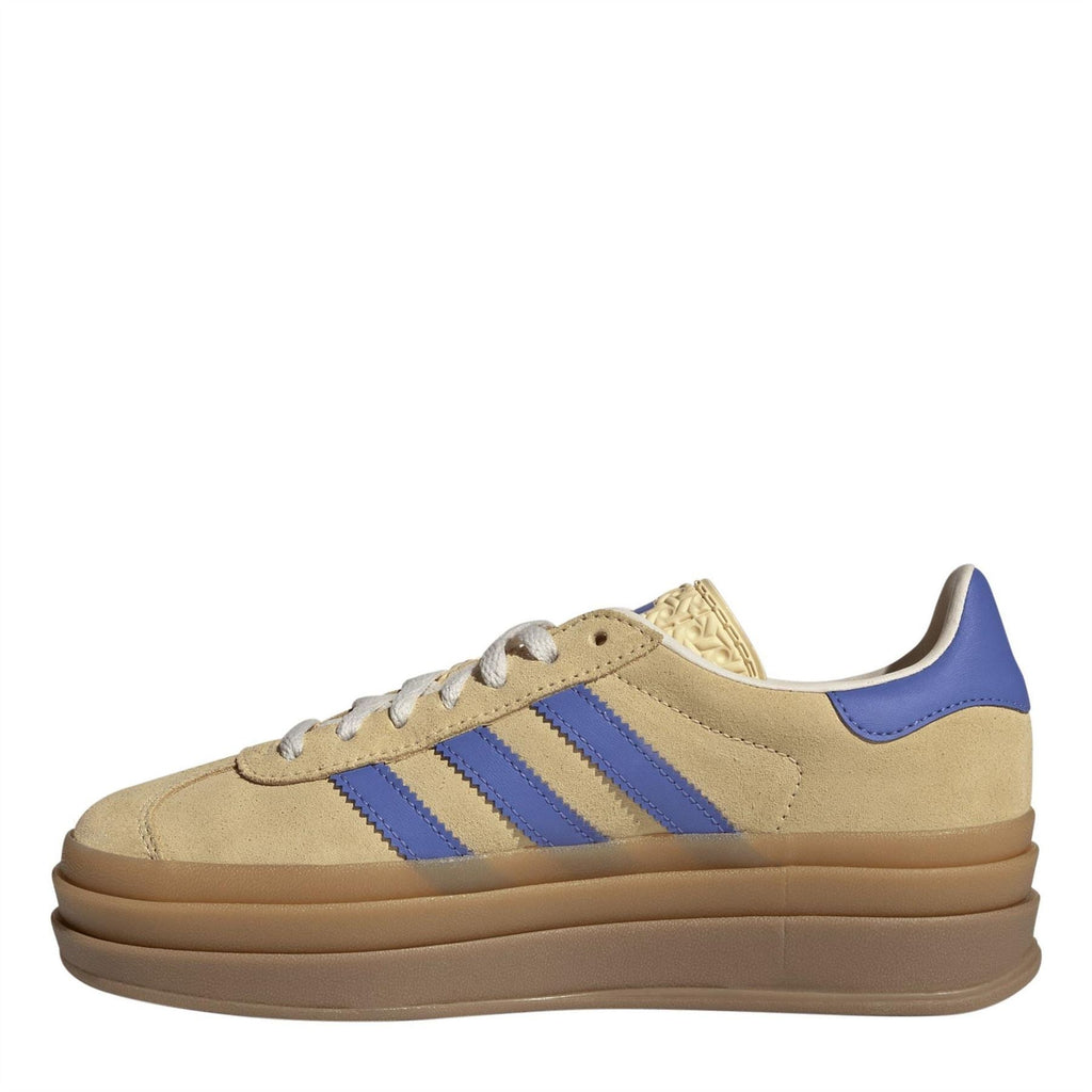 Beige Gazelle Bold low-top sneakers with blue three stripes and tan cupsole