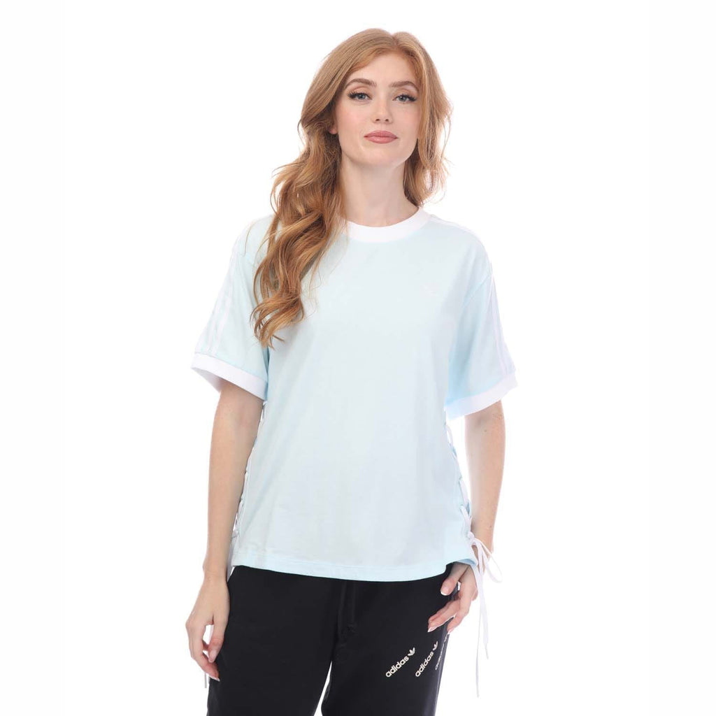 Light blue laced side T-shirt with short sleeves and crew neck, plus size
