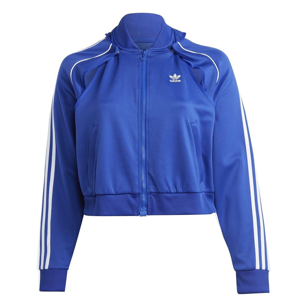 Blue adidas Originals track jacket with full zip and white sleeve stripes
