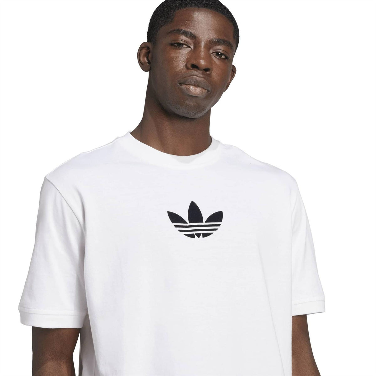 White crew neck T-shirt with black trefoil logo; front close-up