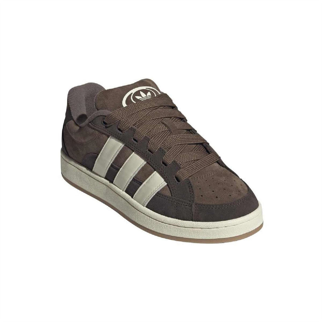 Adidas Originals Campus 00s sneakers side view, dark brown suede, white stripes, lace-up