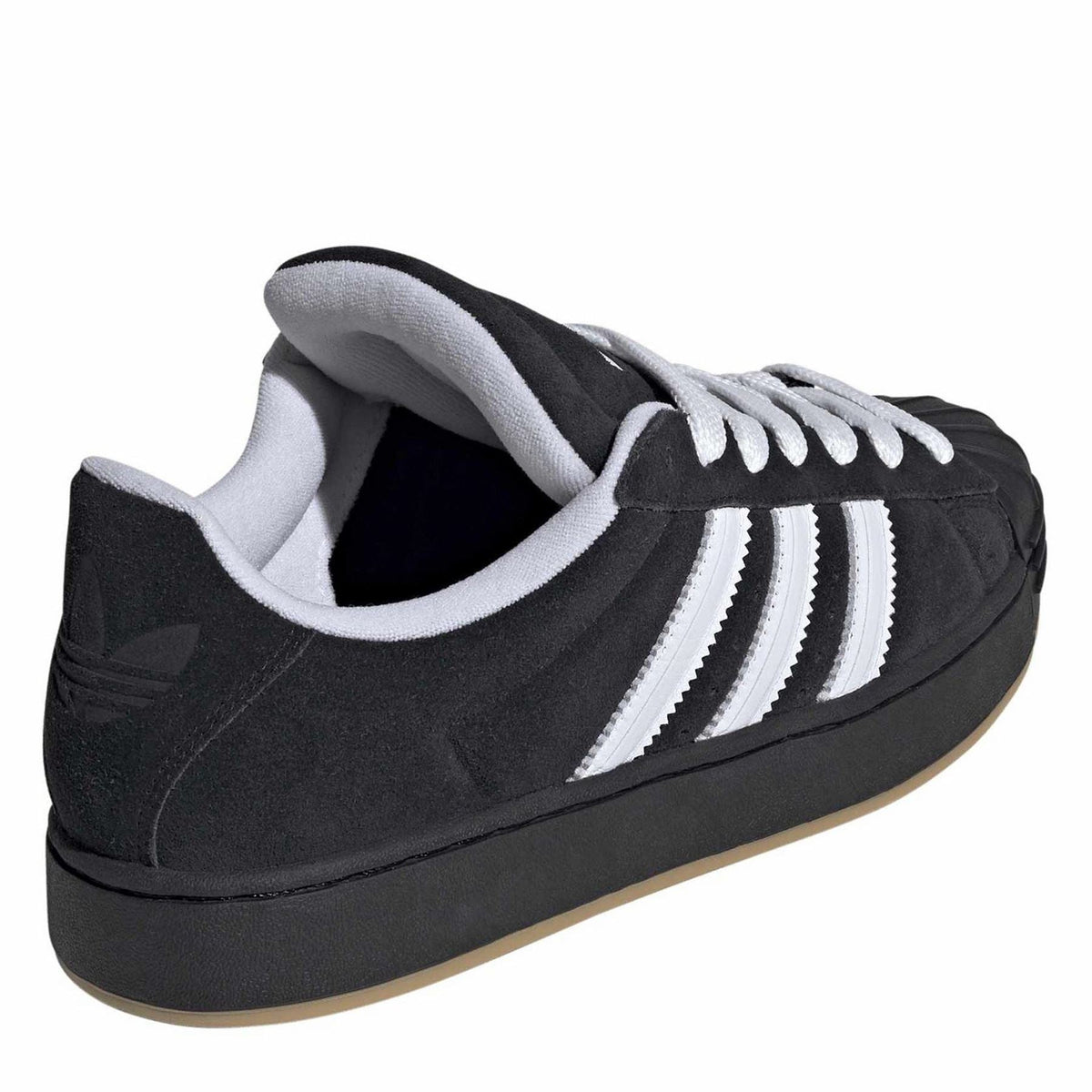 adidas Originals Superstar sneakers, black suede with white stripes and padded collar