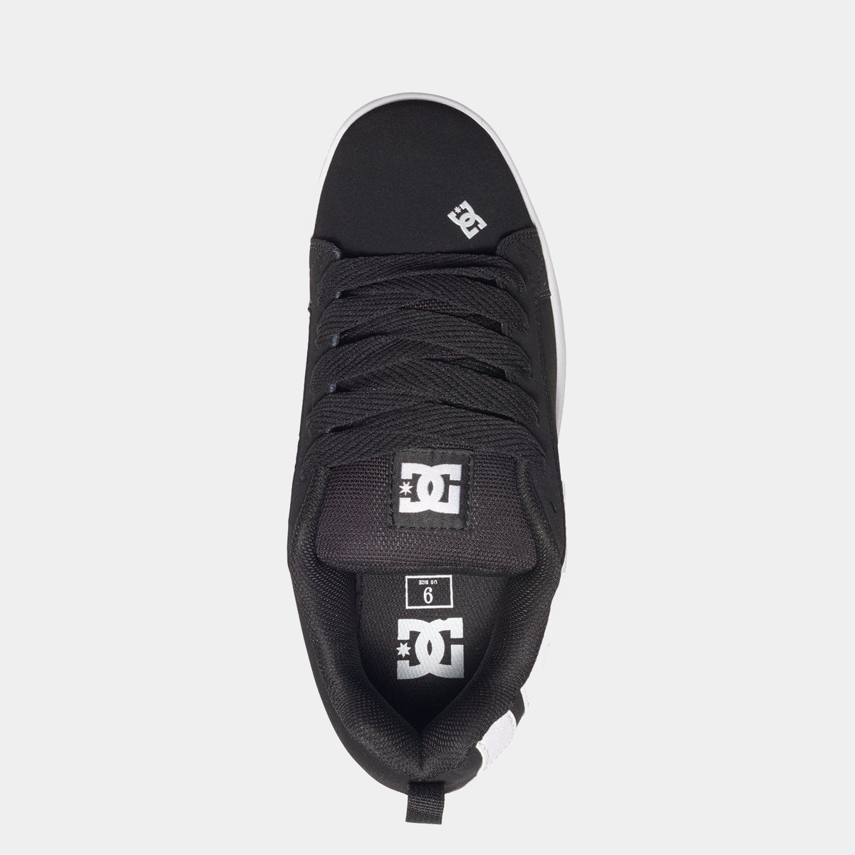 DC Court Graffik black tongue with DC logo patches and size label