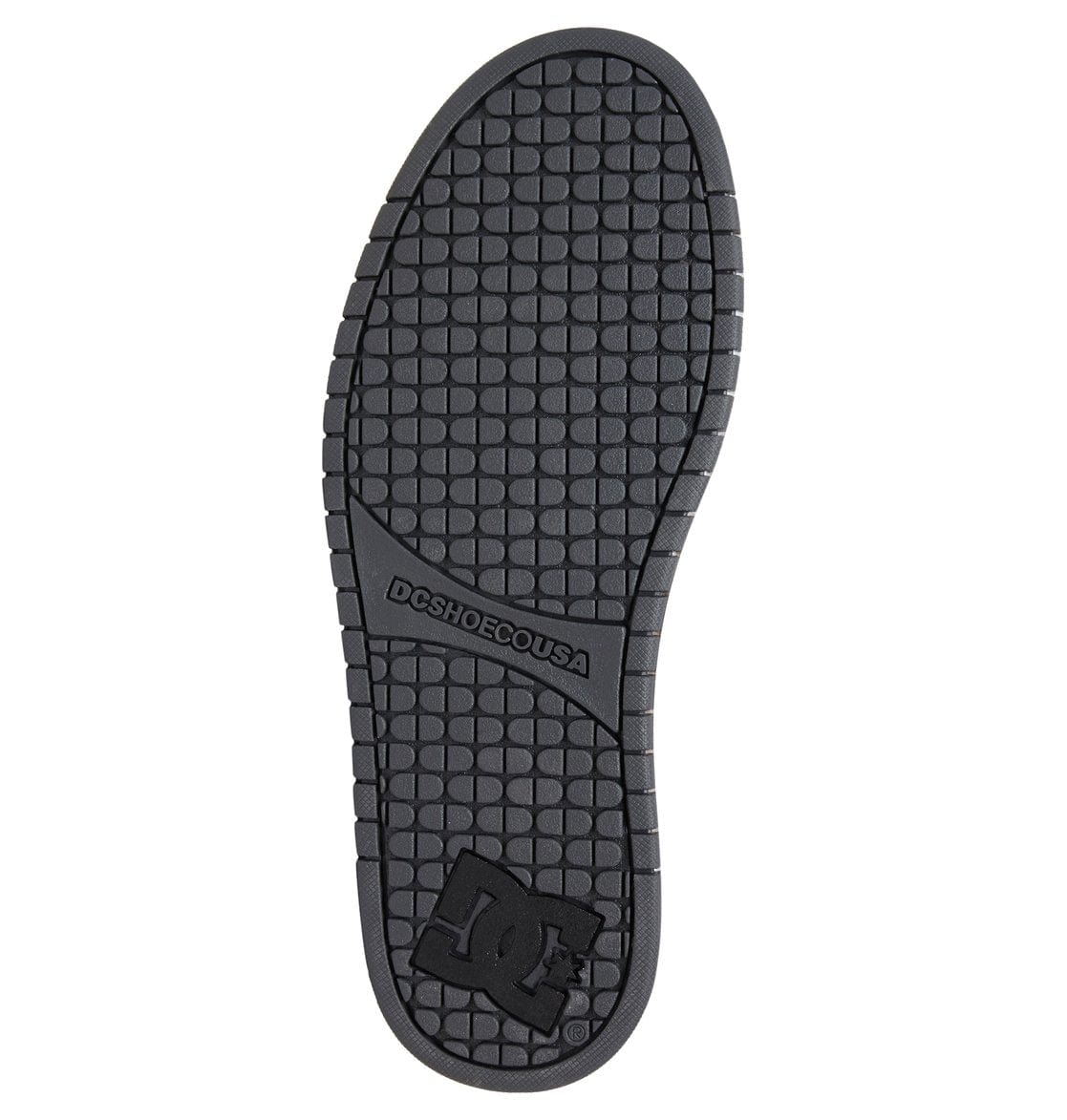 Black rubber shoe outsole with textured tread and DC logo mark near heel