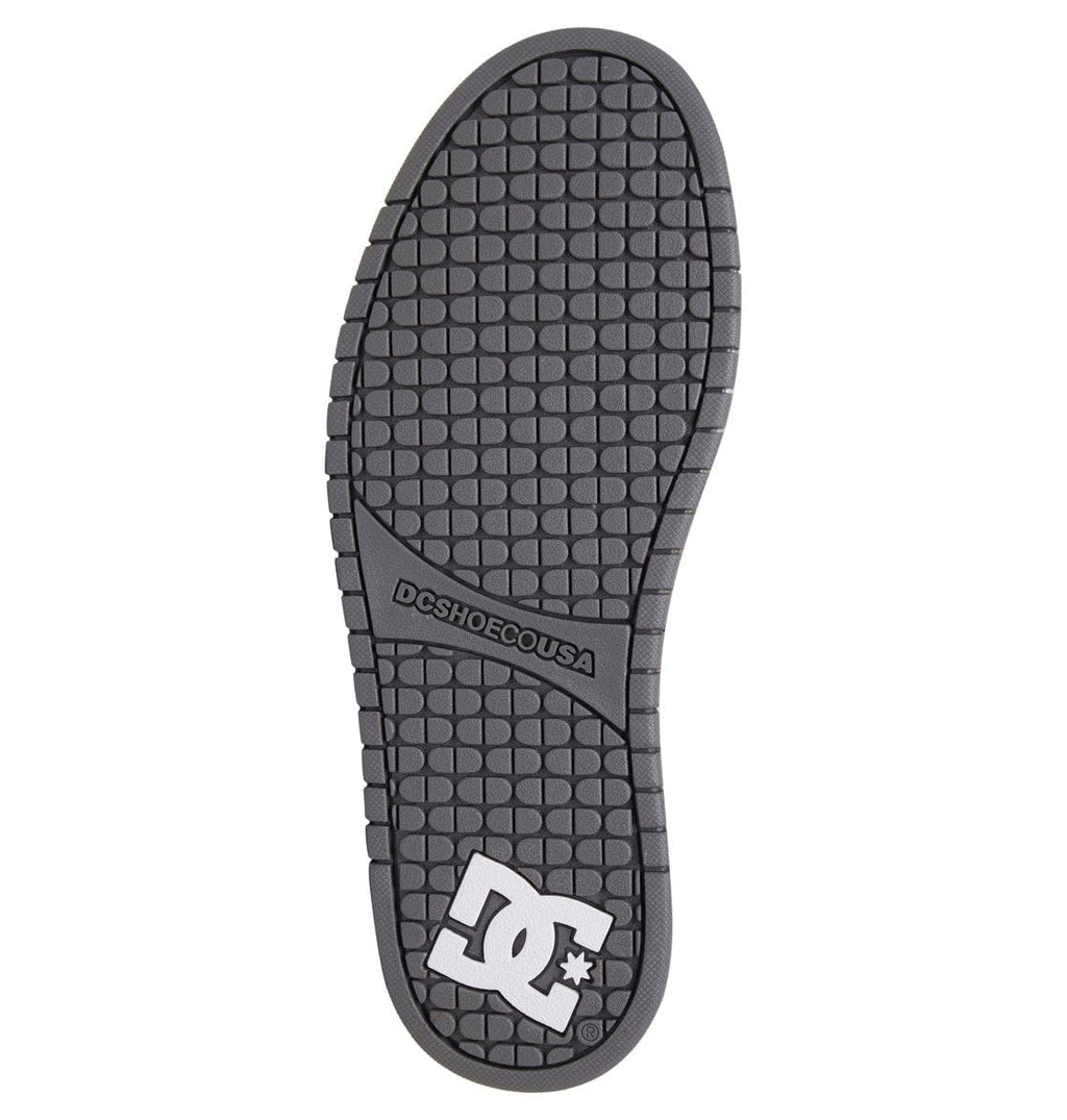 Dark gray rubber skate sneaker outsole with grid tread and DC logo