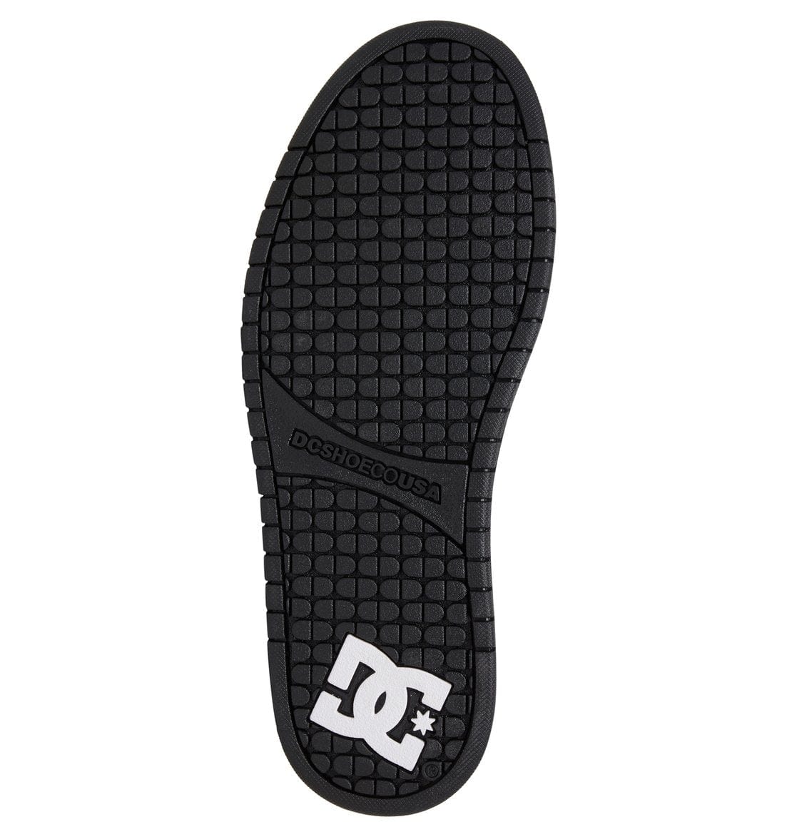 Black rubber outsole with grid tread pattern and DC logo on the heel