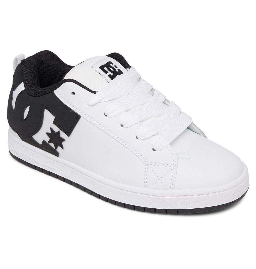 White skate sneaker with black heel tab and DC logo, lace-up styling
