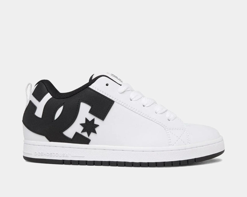 White skate sneaker with black overlays, star logo, and lace-up design