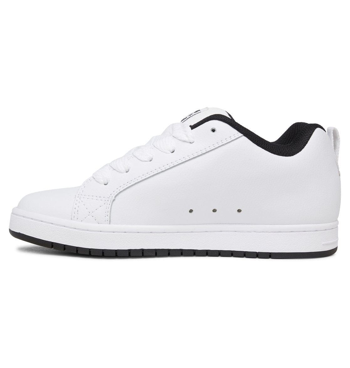 White skate sneaker with black accent panel and stitched lace-up design
