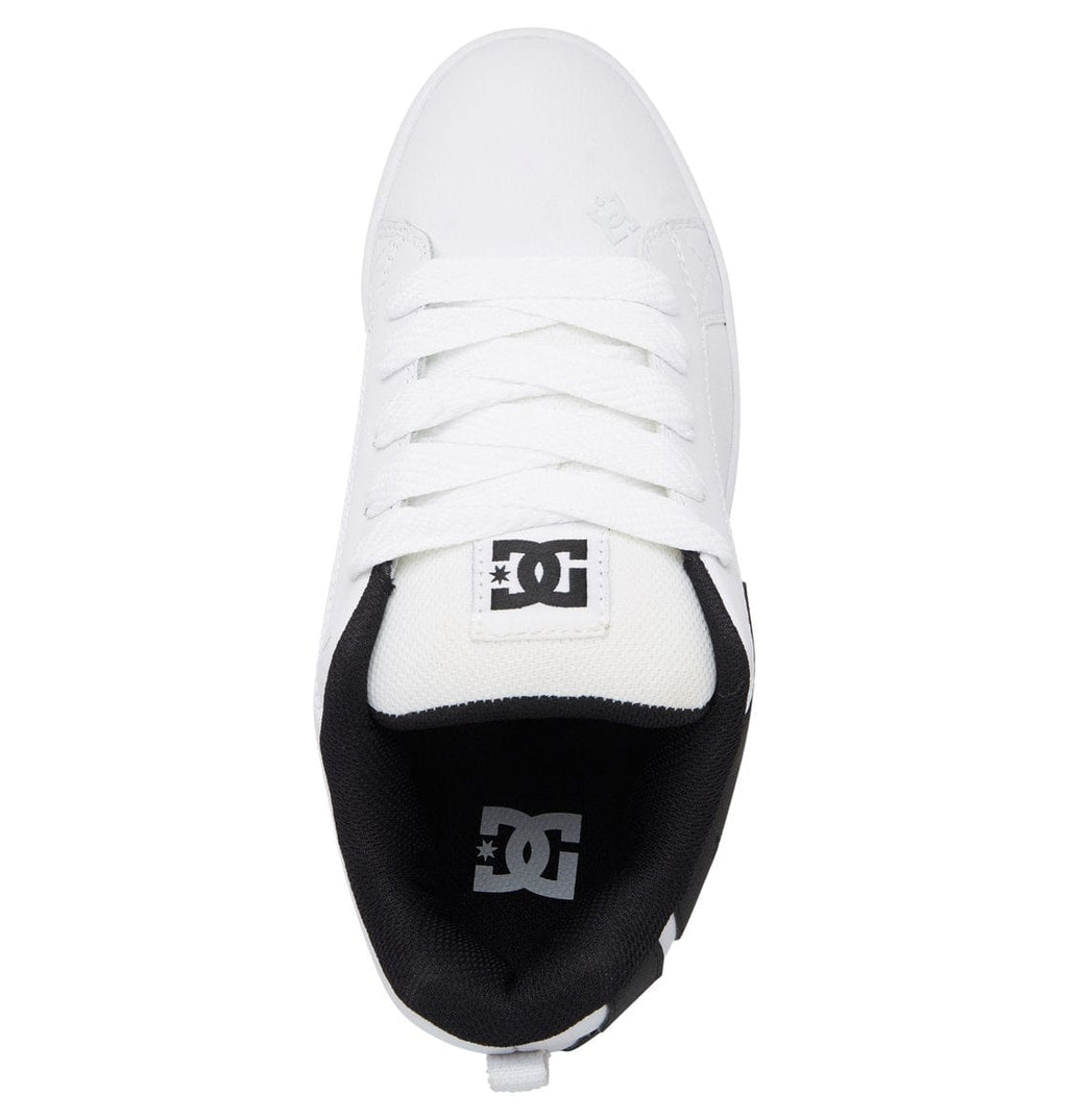 White lace-up skate sneaker with black heel lining and DC logo patch