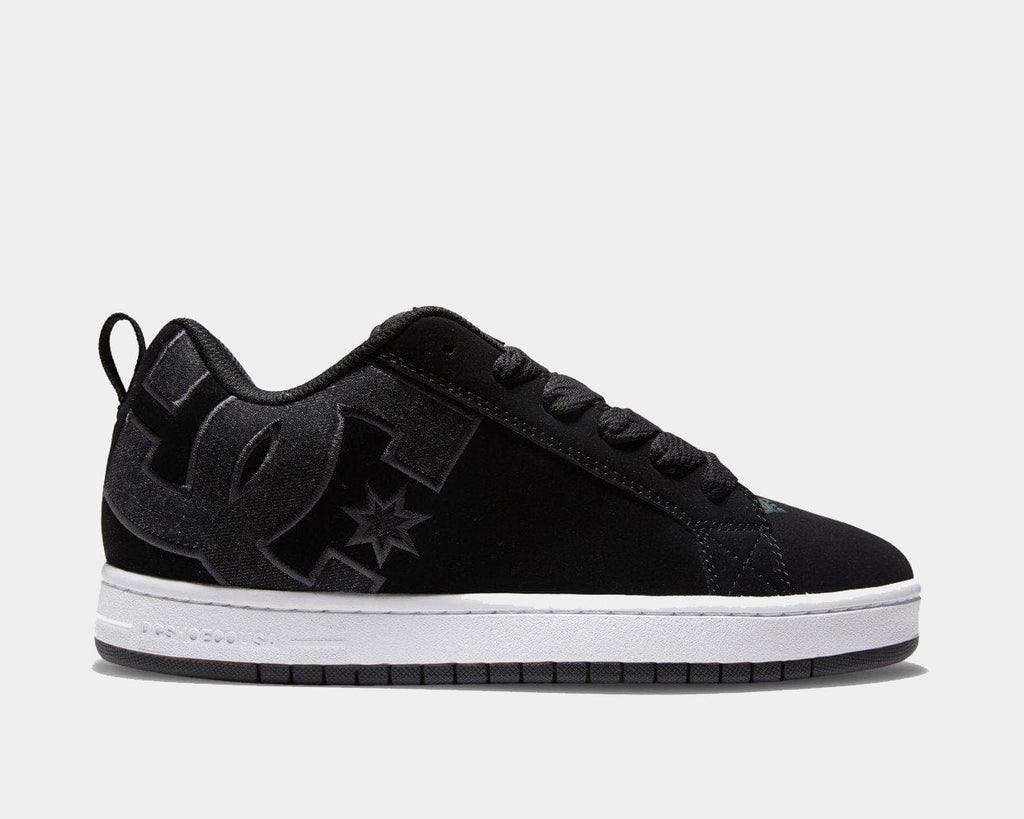 Court Graffik low-top sneaker in black with large DC logo, star accent, and lace-up front