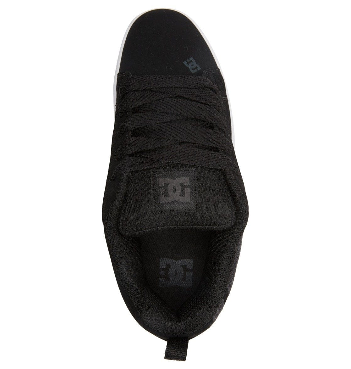 Black low-top sneaker with lace-up tongue and DC logo on heel area