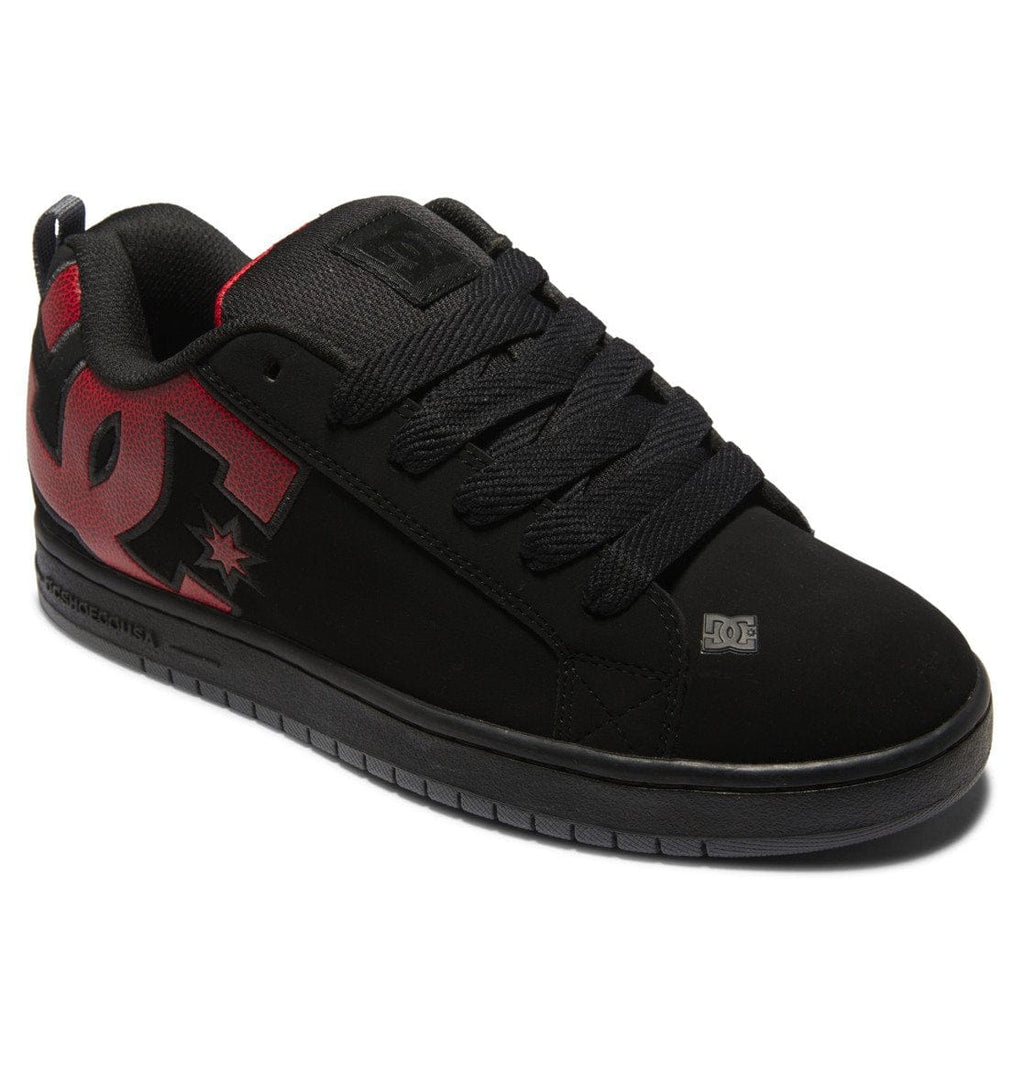 Low-top sneakers in black with red DC graphic on the side and lace panel
