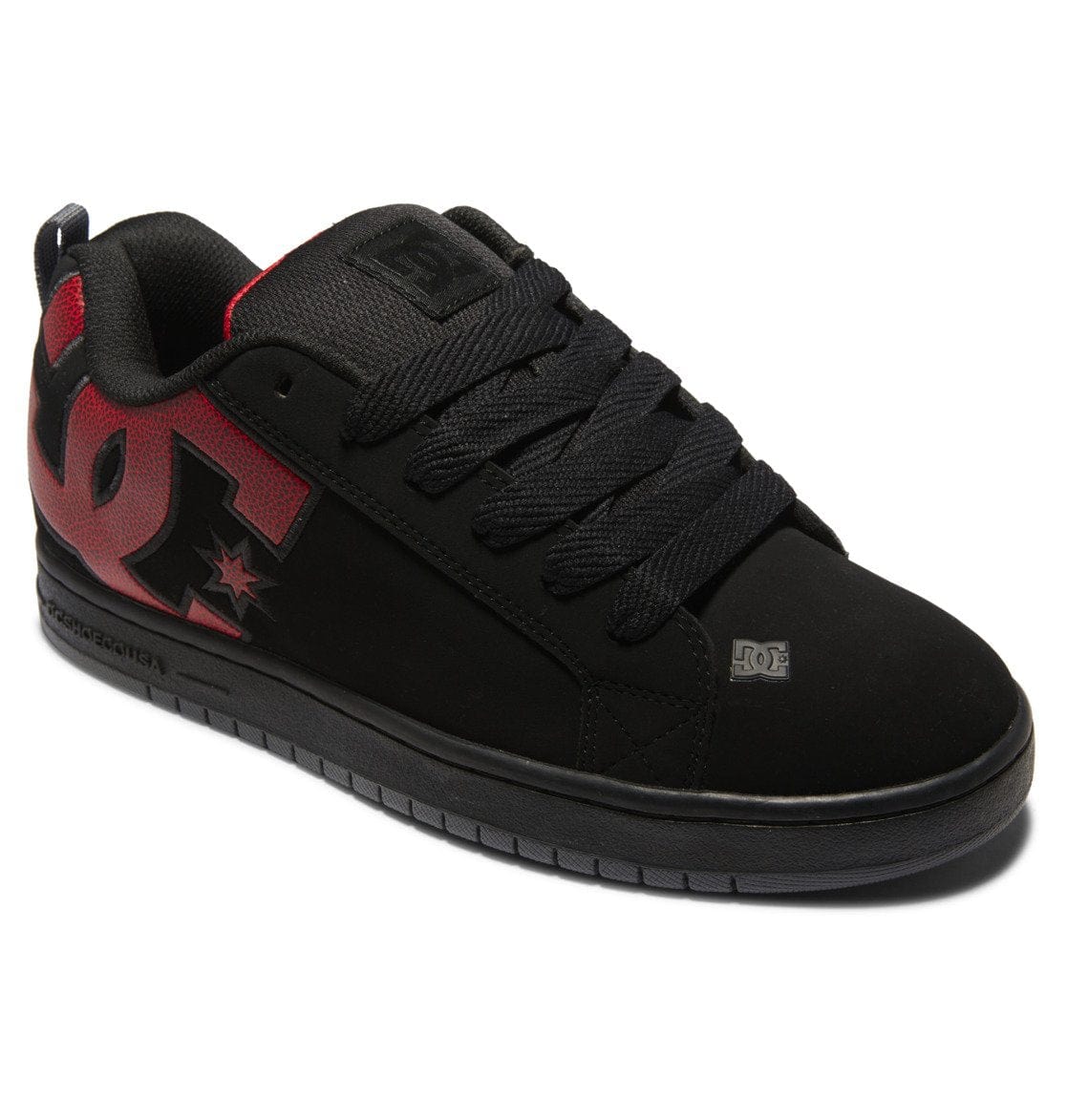 Low-top sneakers in black with red DC graphic on the side and lace panel