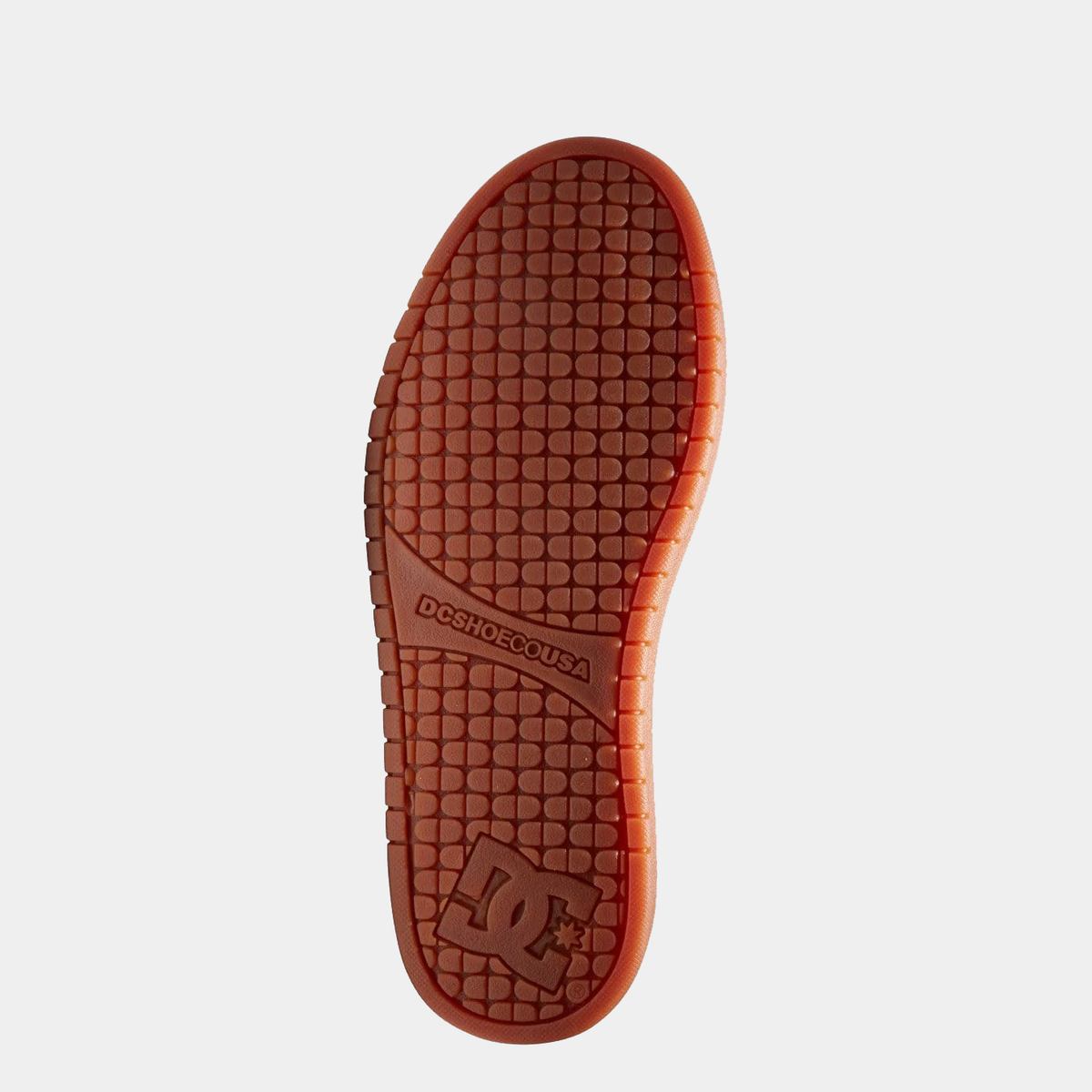 Court Graffik sneaker outsole in dark brown with grid tread and DC SHOES USA mark