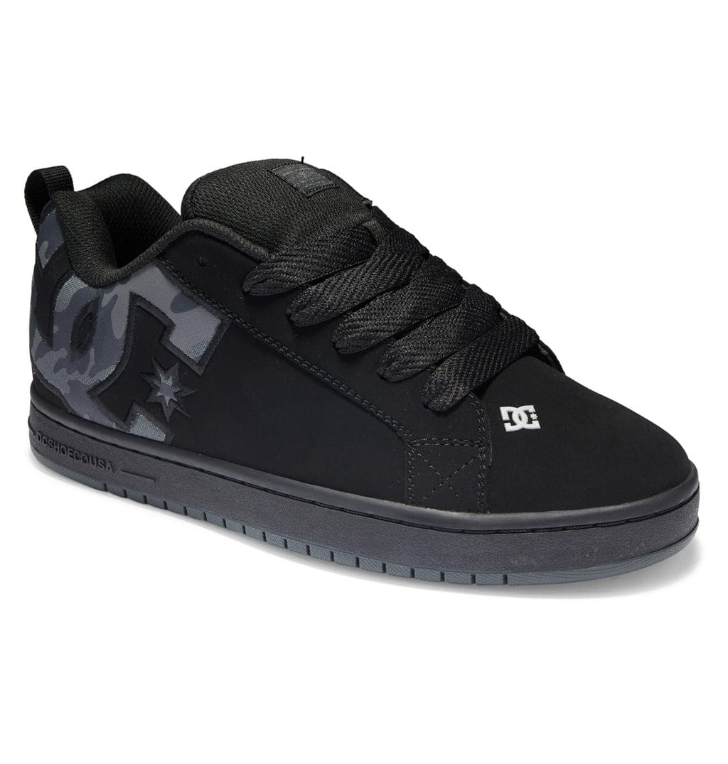 Court Graffik sneakers with black upper, textured laces, camo side panel, and DC branding