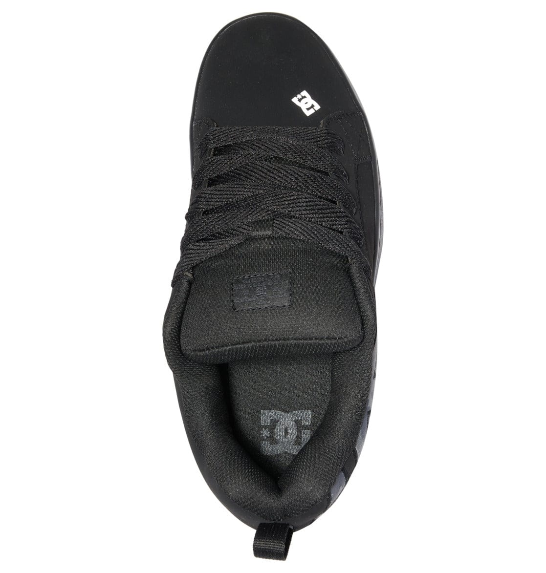 Court Graffik sneakers side profile in black with DC logo on heel and lace-up closure
